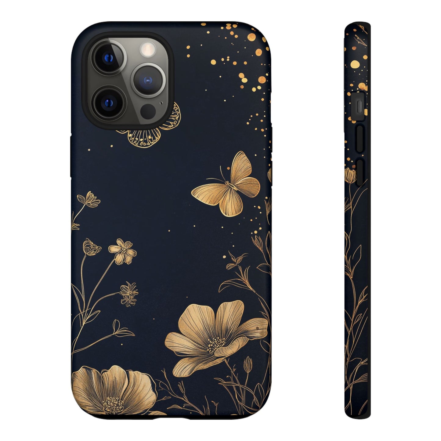 Gold Floral Butterfly Phone Case, Dark Aesthetic Botanical, Elegant Black Luxury iPhone Samsung Cover