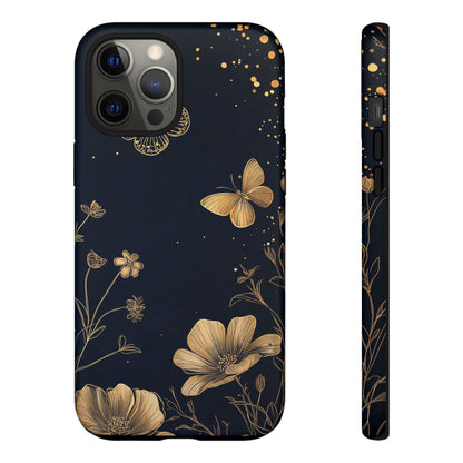 Gold Floral Butterfly Phone Case, Dark Aesthetic Botanical, Elegant Black Luxury iPhone Samsung Cover