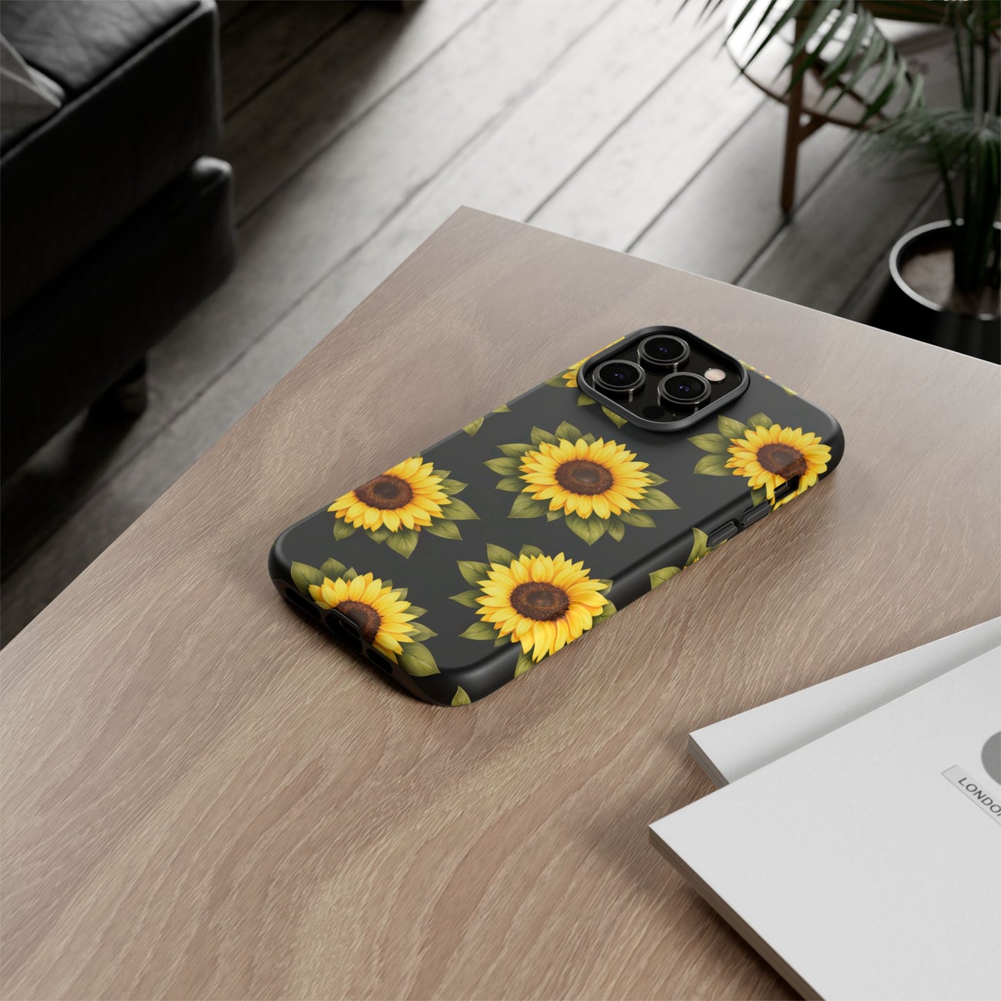 Sunflower Floral Tough Phone Case – Black Background Protective Cover for Iphone, Samsung Galaxy and Pixel