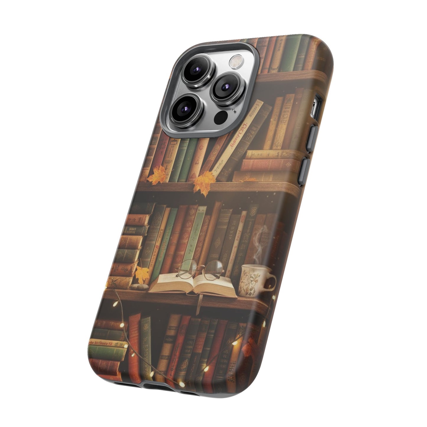 Cozy Vintage Bookshelf Phone Case, Library Aesthetic Book Stack, Autumn Coffee Vibes (iPhone, Samsung, Pixel)