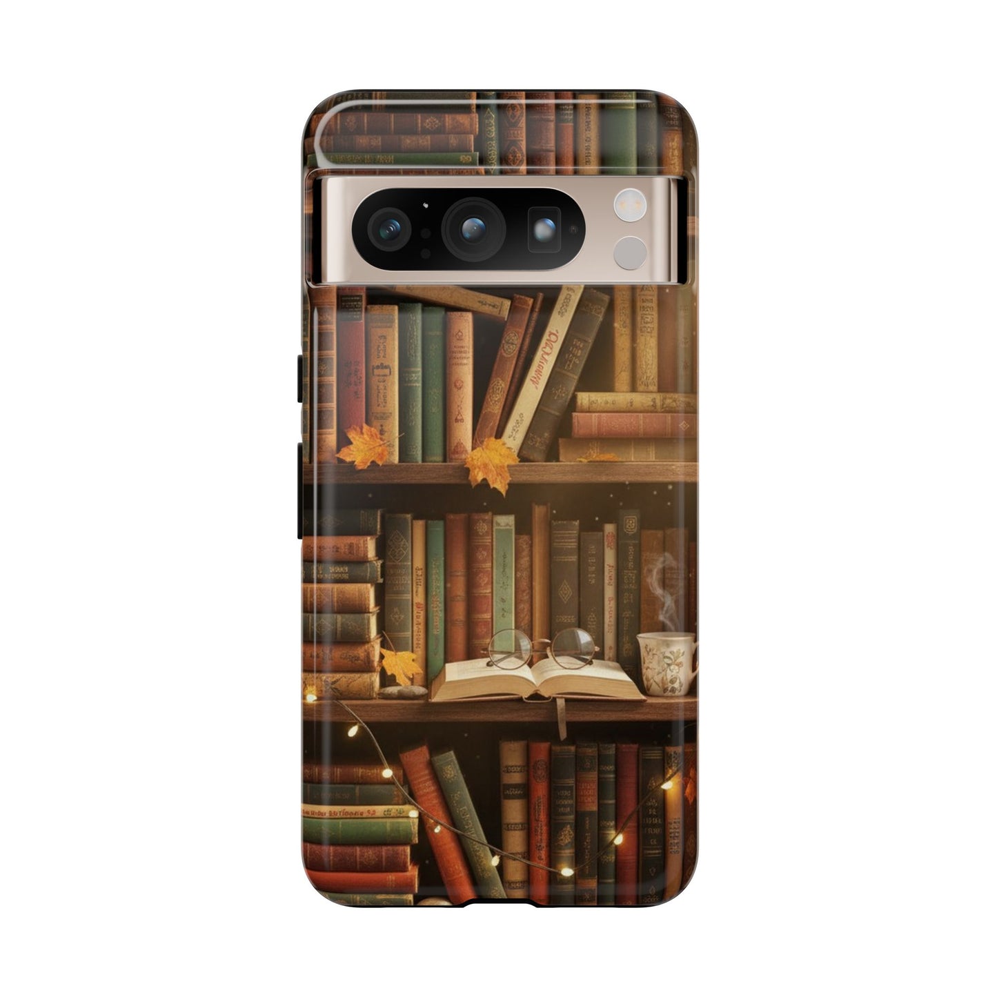 Cozy Vintage Bookshelf Phone Case, Library Aesthetic Book Stack, Autumn Coffee Vibes (iPhone, Samsung, Pixel)