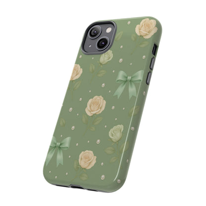 Vintage Rose Bow Phone Case – Sage Green Floral Coquette Aesthetic Tough Case (iPhone, Samsung, Pixel)