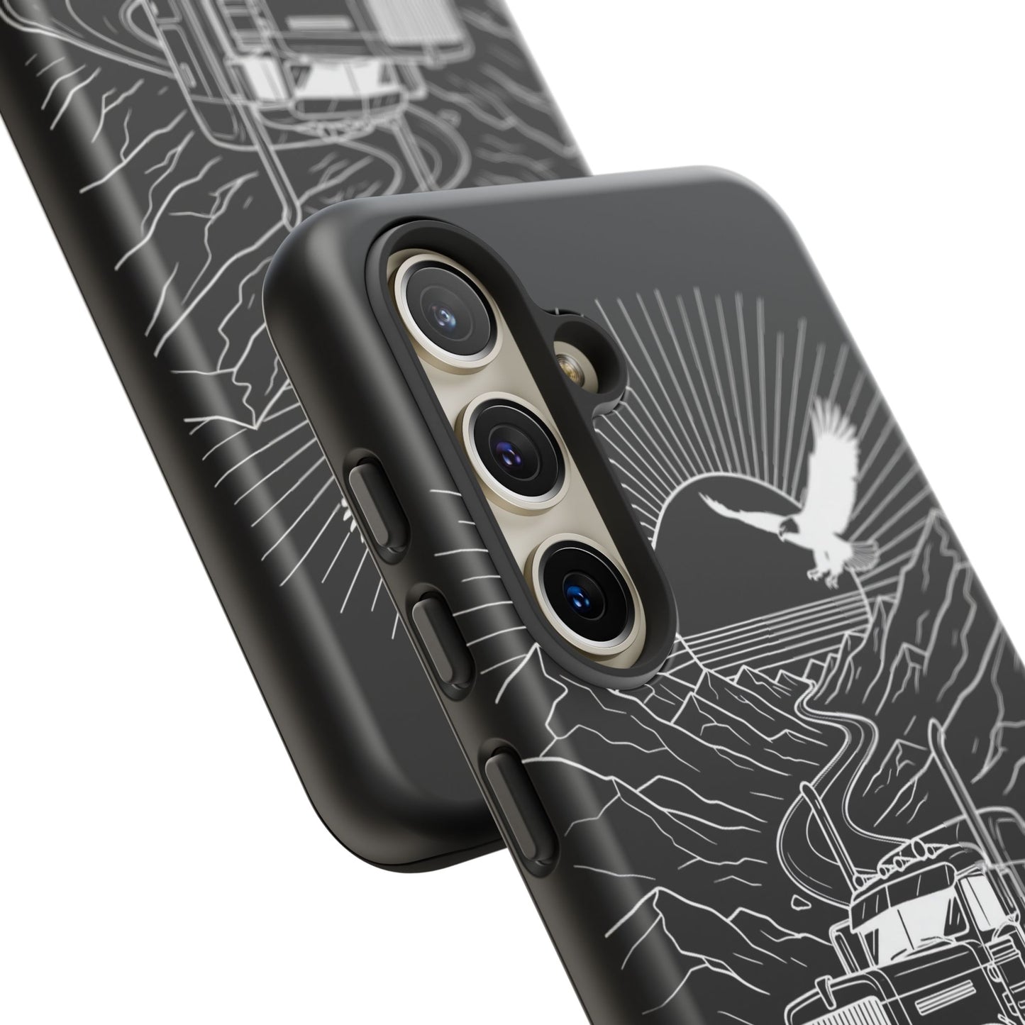 Trucker Highway Phone Case | Eagle & Mountain Line Art | Black Western Tough Case