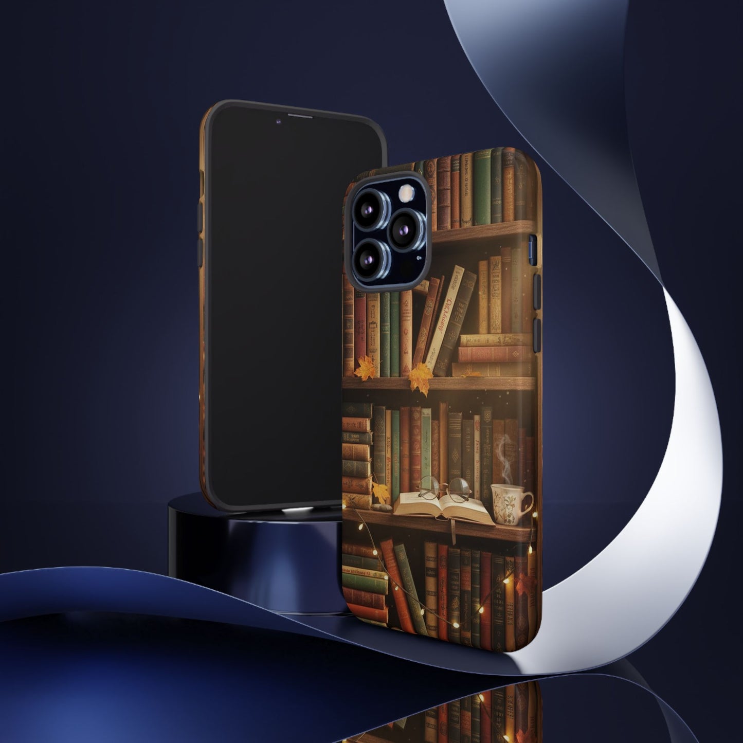 Cozy Vintage Bookshelf Phone Case, Library Aesthetic Book Stack, Autumn Coffee Vibes (iPhone, Samsung, Pixel)