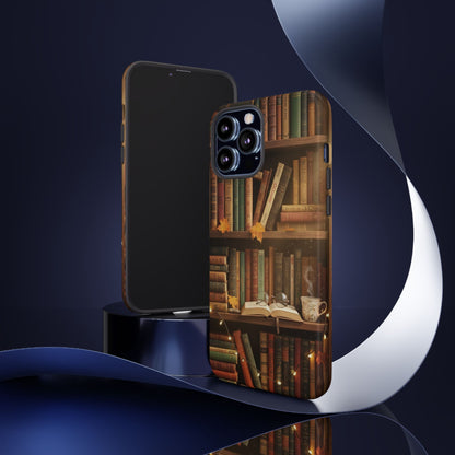 Cozy Vintage Bookshelf Phone Case, Library Aesthetic Book Stack, Autumn Coffee Vibes (iPhone, Samsung, Pixel)