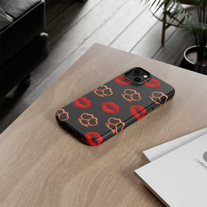 Red Lipstick & Knuckle Duster Phone Case | Bold Kiss Print Tough Protective Cover for Iphone, Samsung Galaxy and Pixel