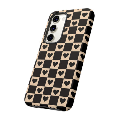 Checkerboard Heart Phone Case – Black & Beige Cute Aesthetic Protective Cover for Iphone, Samsung Galaxy and Pixel