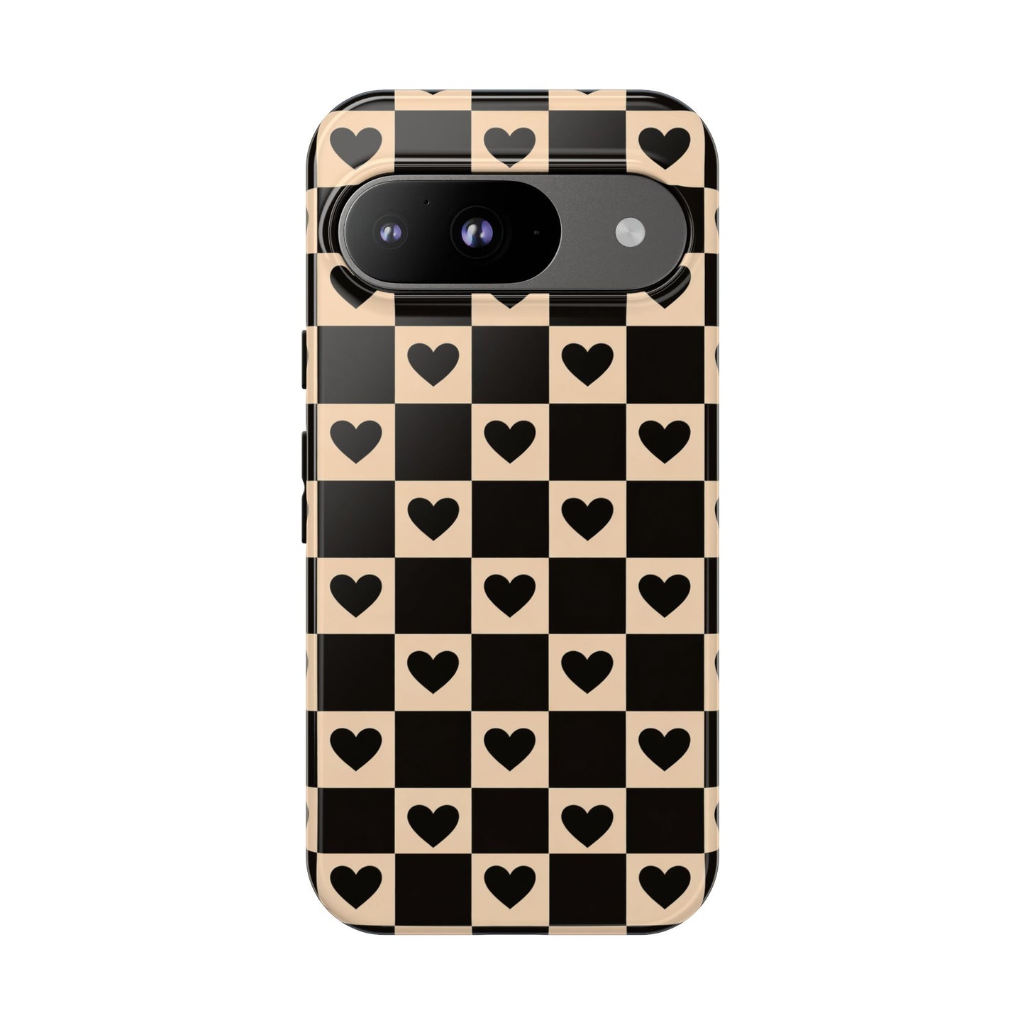 Checkerboard Heart Phone Case – Black & Beige Cute Aesthetic Protective Cover for Iphone, Samsung Galaxy and Pixel