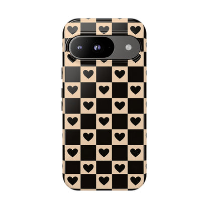 Checkerboard Heart Phone Case – Black & Beige Cute Aesthetic Protective Cover for Iphone, Samsung Galaxy and Pixel