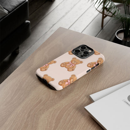 Teddy Bear Phone Case | Cute Coquette Aesthetic Pink Bear Pattern Case | Kawaii Soft Girl iPhone & Samsung Tough Protective Case