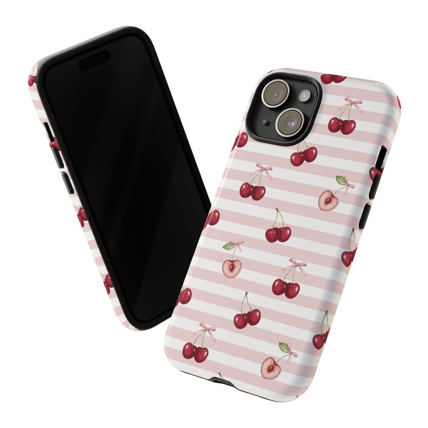 Pink Cherry Stripe Phone Case | Cute Coquette Aesthetic Protective Tough Case