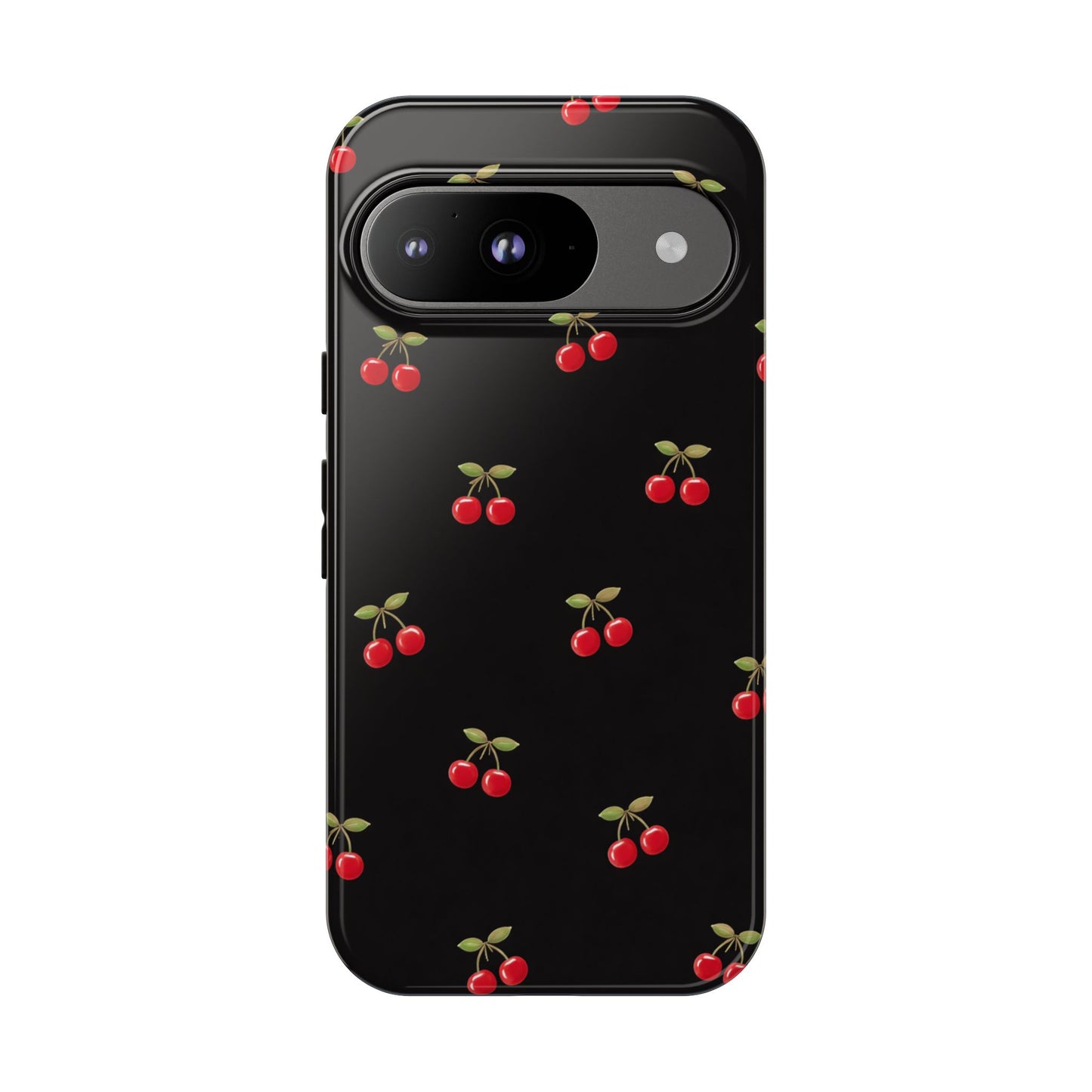 Cherry Pattern Phone Case — Slim Black Protective iPhone Case with Red Cherries for Iphone, Samsung Galaxy and Pixel