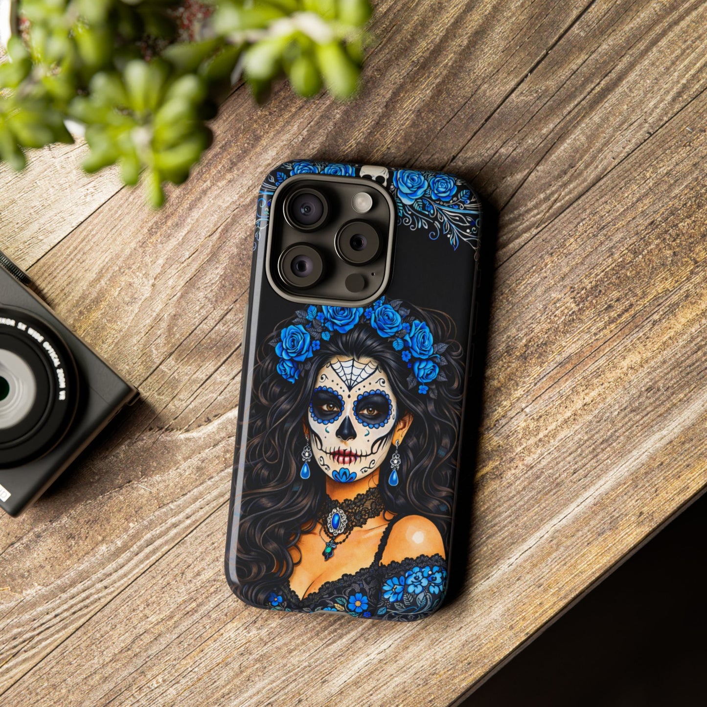 Blue Sugar Skull Woman Phone Case – Day of the Dead Aesthetic Tough Cover