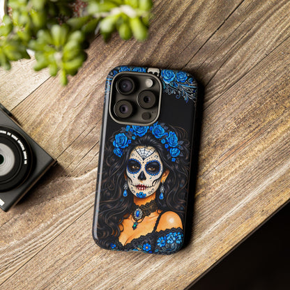 Blue Sugar Skull Woman Phone Case – Day of the Dead Aesthetic Tough Cover