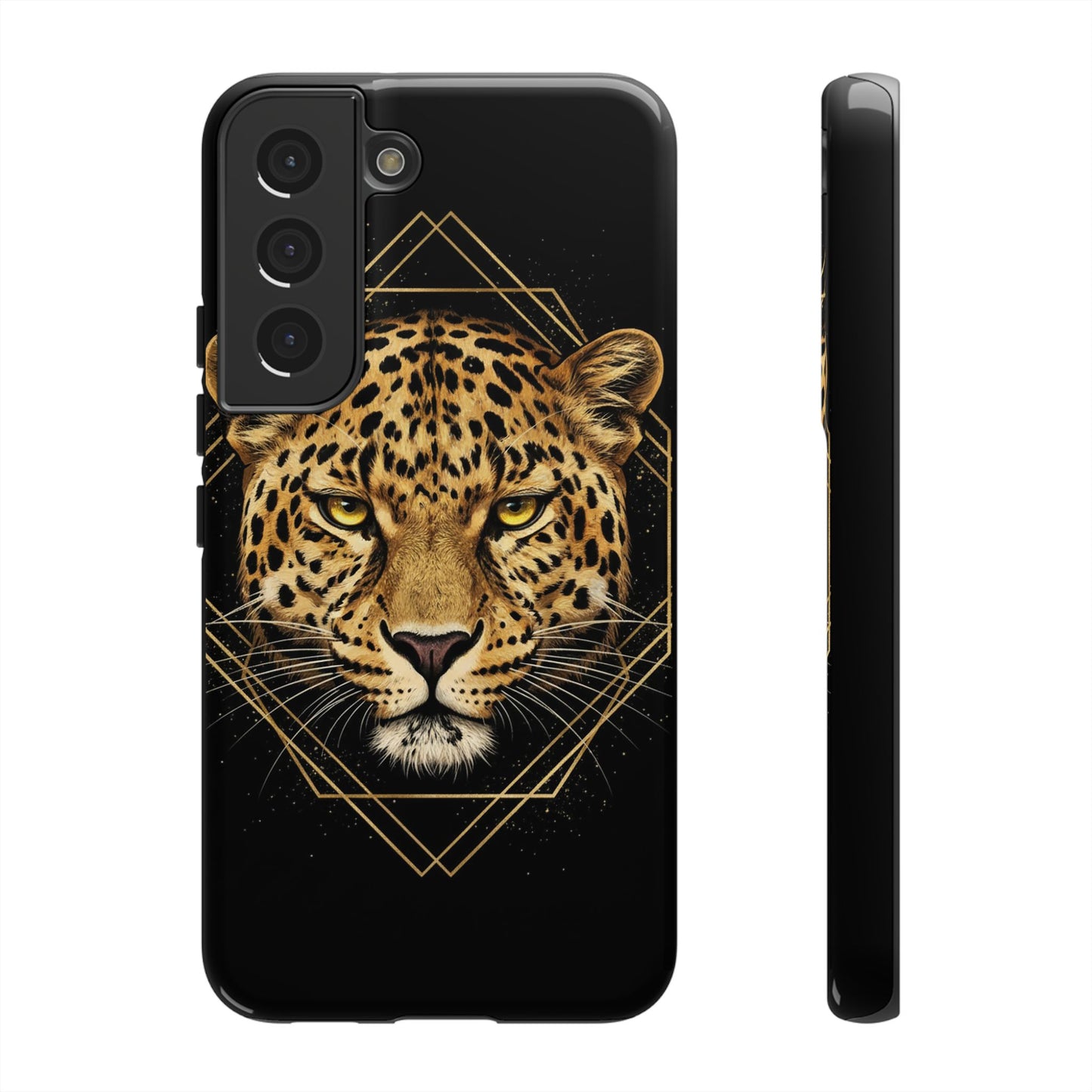 Leopard Head Geometric Phone Case – Black & Gold Luxe Tough Case
