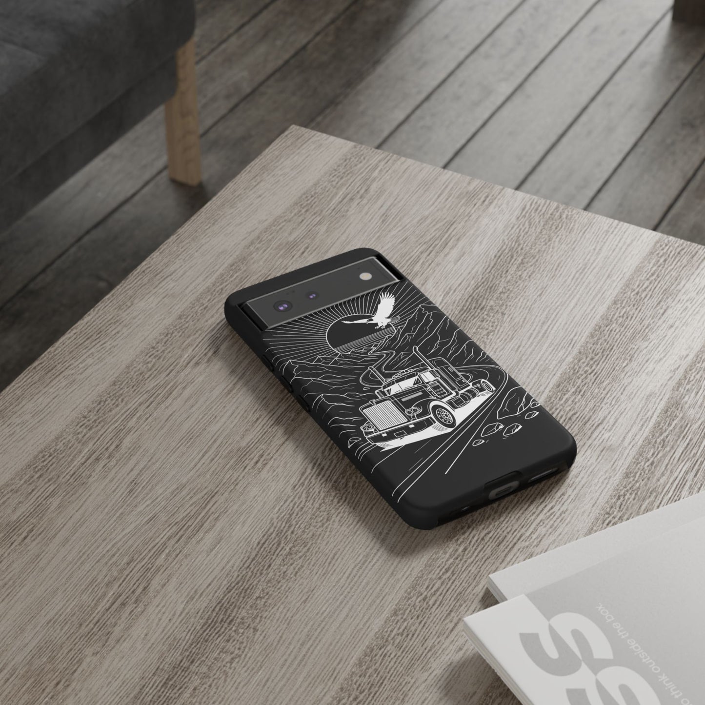Trucker Highway Phone Case | Eagle & Mountain Line Art | Black Western Tough Case