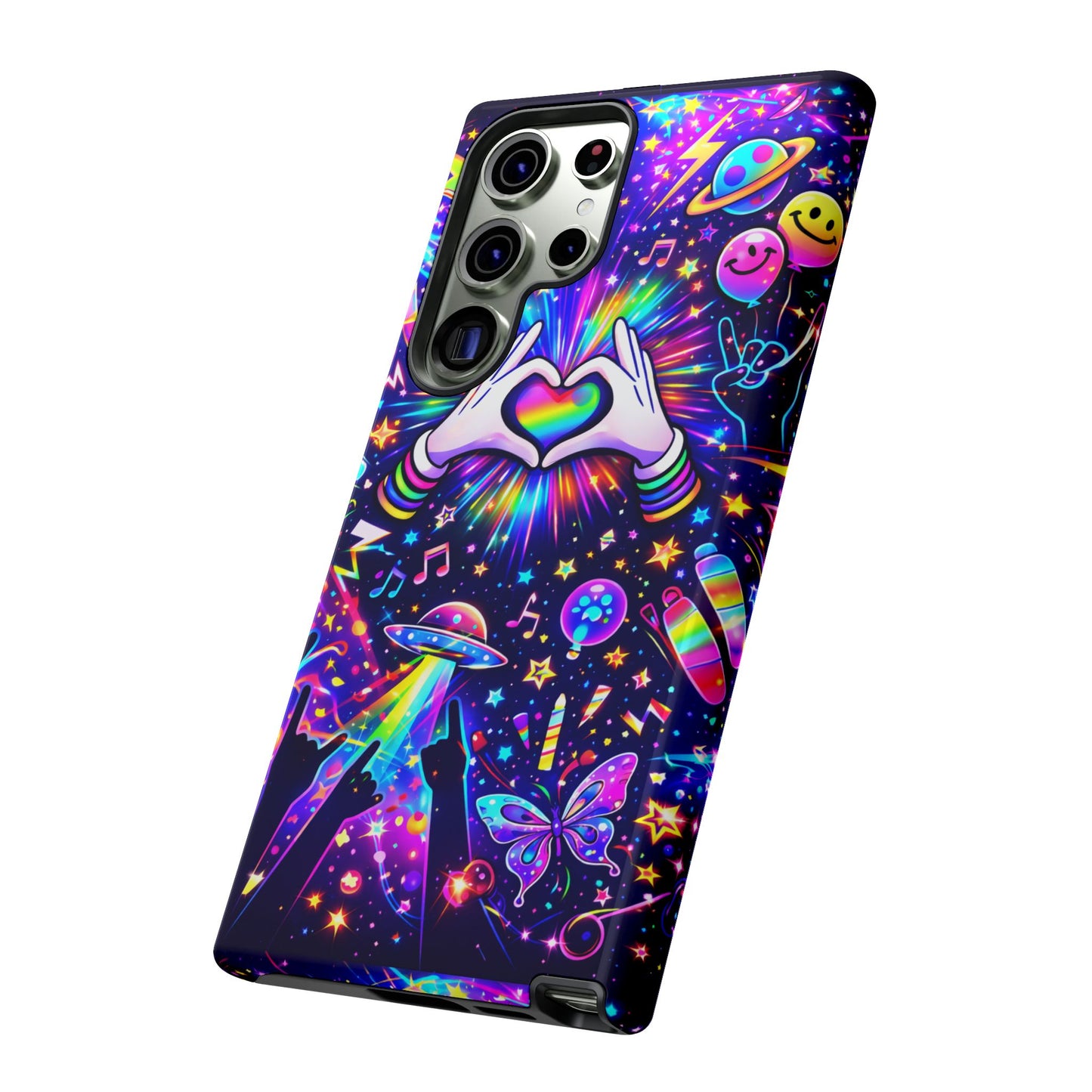 Rainbow Heart Hands Phone Case – Neon Galaxy EDM Festival Tough Cover