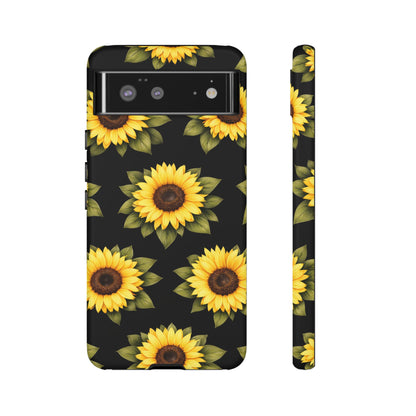Sunflower Floral Tough Phone Case – Black Background Protective Cover for Iphone, Samsung Galaxy and Pixel