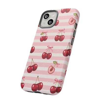 Coquette Cherry Bow Phone Case | Cute Pink Aesthetic Cherry Pattern Tough Case for iPhone & Samsung