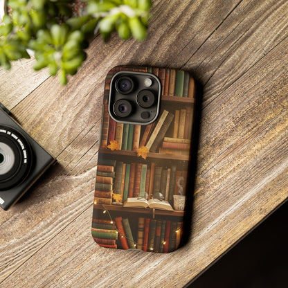 Cozy Vintage Bookshelf Phone Case, Library Aesthetic Book Stack, Autumn Coffee Vibes (iPhone, Samsung, Pixel)