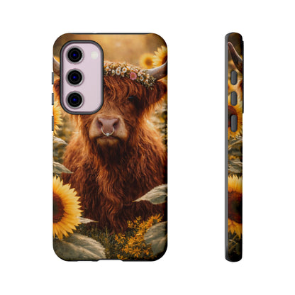 Highland Cow Sunflower Phone Case | Floral Farmhouse iPhone, Samsung Galaxy and Pixel Cover