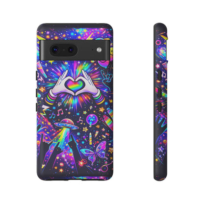 Rainbow Heart Hands Phone Case – Neon Galaxy EDM Festival Tough Cover