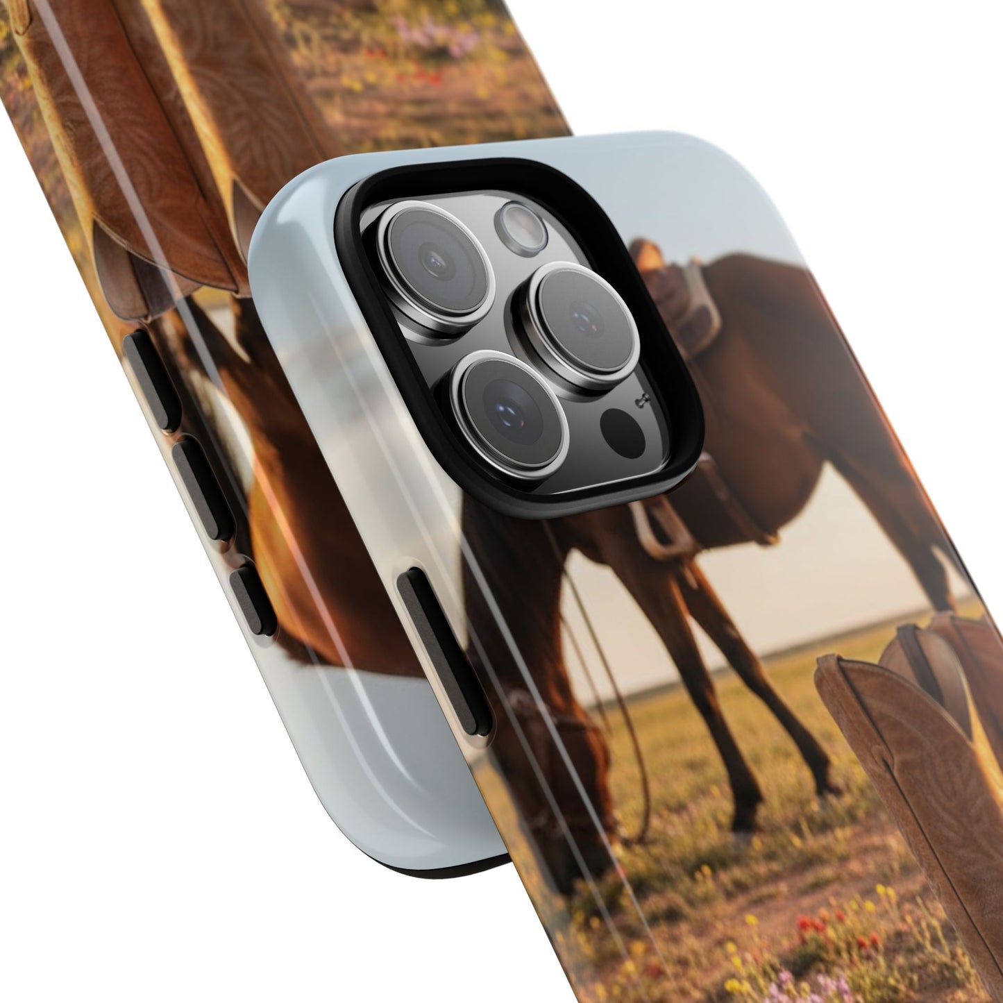 Western Cowboy Boots Phone Case – Rustic Horse Sunset Tough Case (iPhone, Samsung, Pixel)