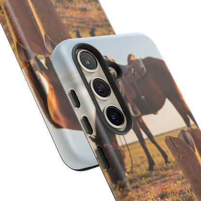 Western Cowboy Boots Phone Case – Rustic Horse Sunset Tough Case (iPhone, Samsung, Pixel)