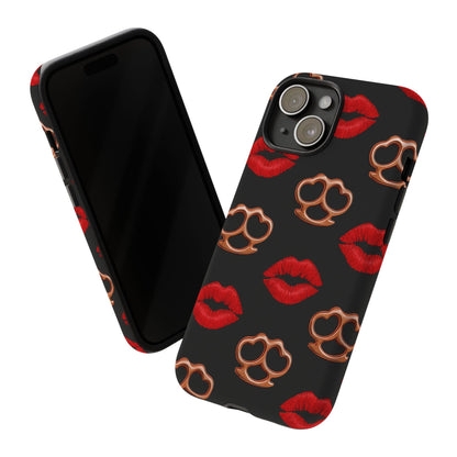 Red Lipstick & Knuckle Duster Phone Case | Bold Kiss Print Tough Protective Cover for Iphone, Samsung Galaxy and Pixel