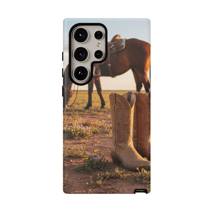Western Cowboy Boots Phone Case – Rustic Horse Sunset Tough Case (iPhone, Samsung, Pixel)