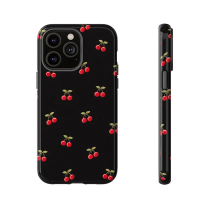 Cherry Pattern Phone Case — Slim Black Protective iPhone Case with Red Cherries for Iphone, Samsung Galaxy and Pixel