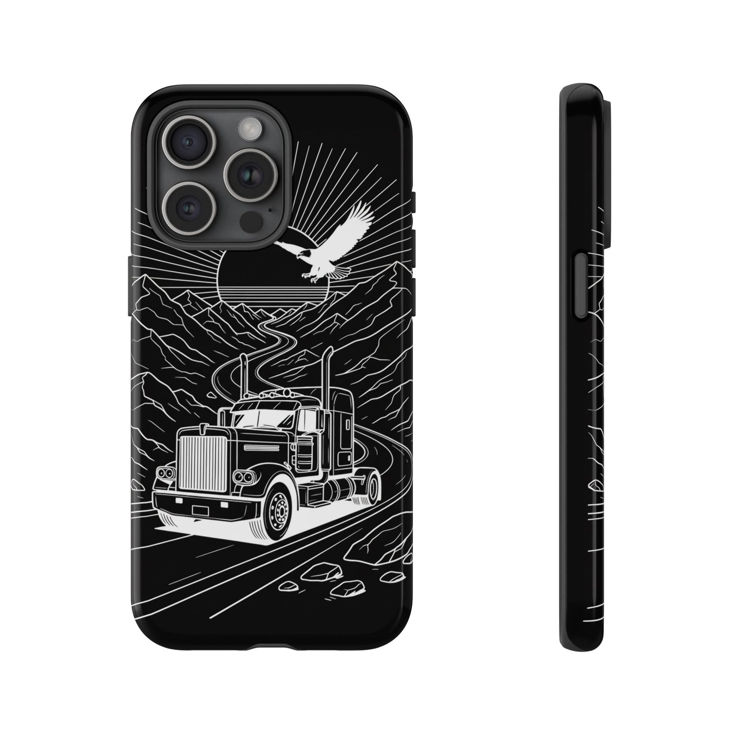 Trucker Highway Phone Case | Eagle & Mountain Line Art | Black Western Tough Case