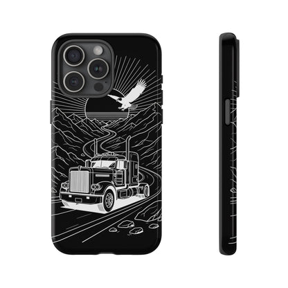 Trucker Highway Phone Case | Eagle & Mountain Line Art | Black Western Tough Case