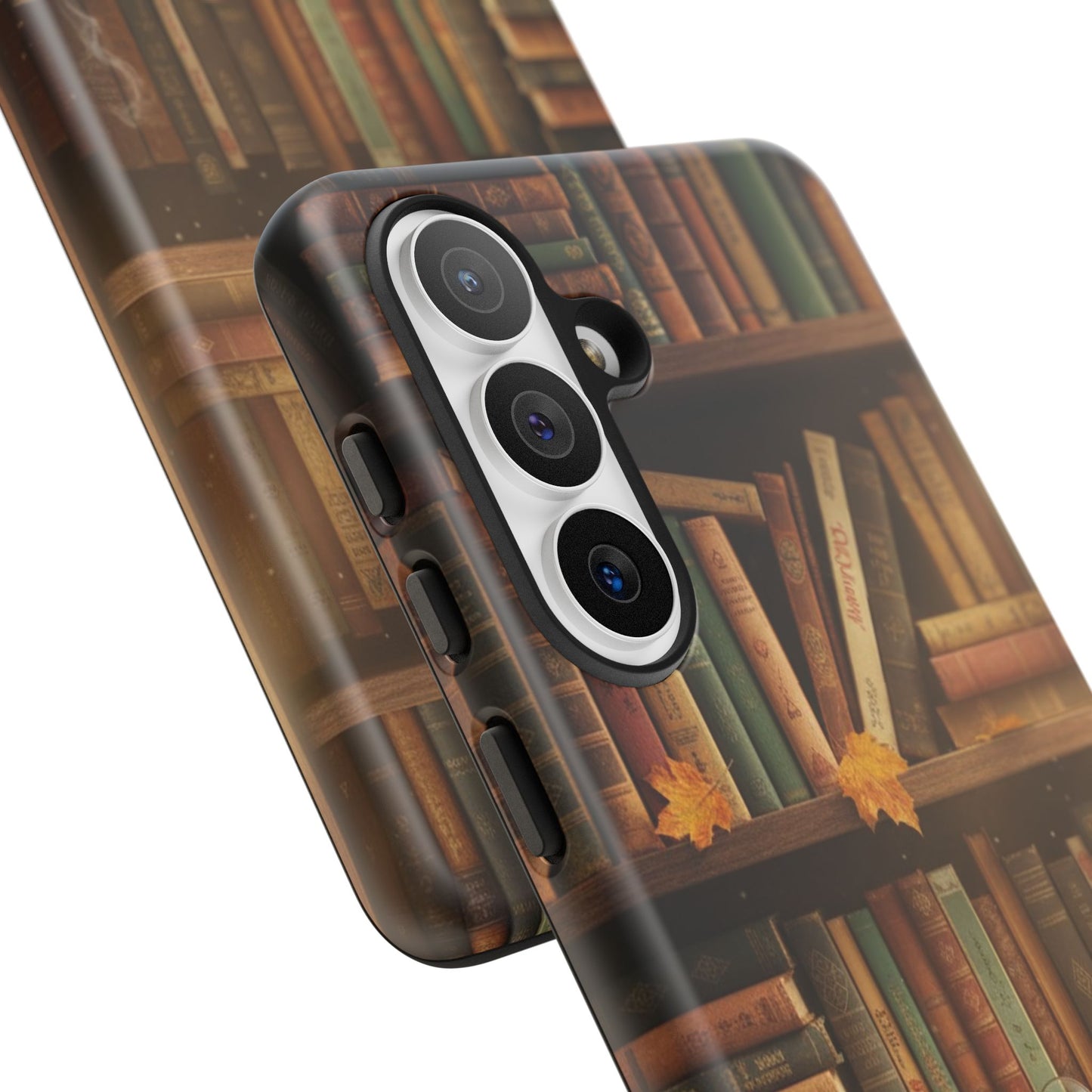 Cozy Vintage Bookshelf Phone Case, Library Aesthetic Book Stack, Autumn Coffee Vibes (iPhone, Samsung, Pixel)