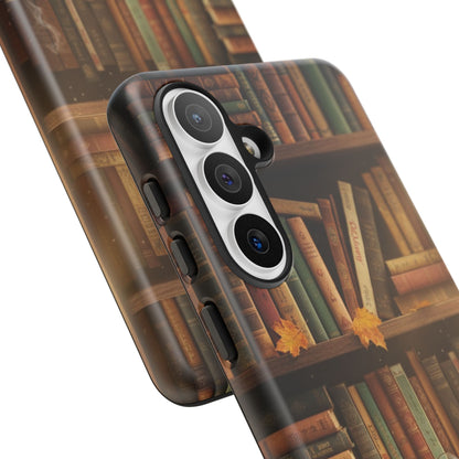 Cozy Vintage Bookshelf Phone Case, Library Aesthetic Book Stack, Autumn Coffee Vibes (iPhone, Samsung, Pixel)