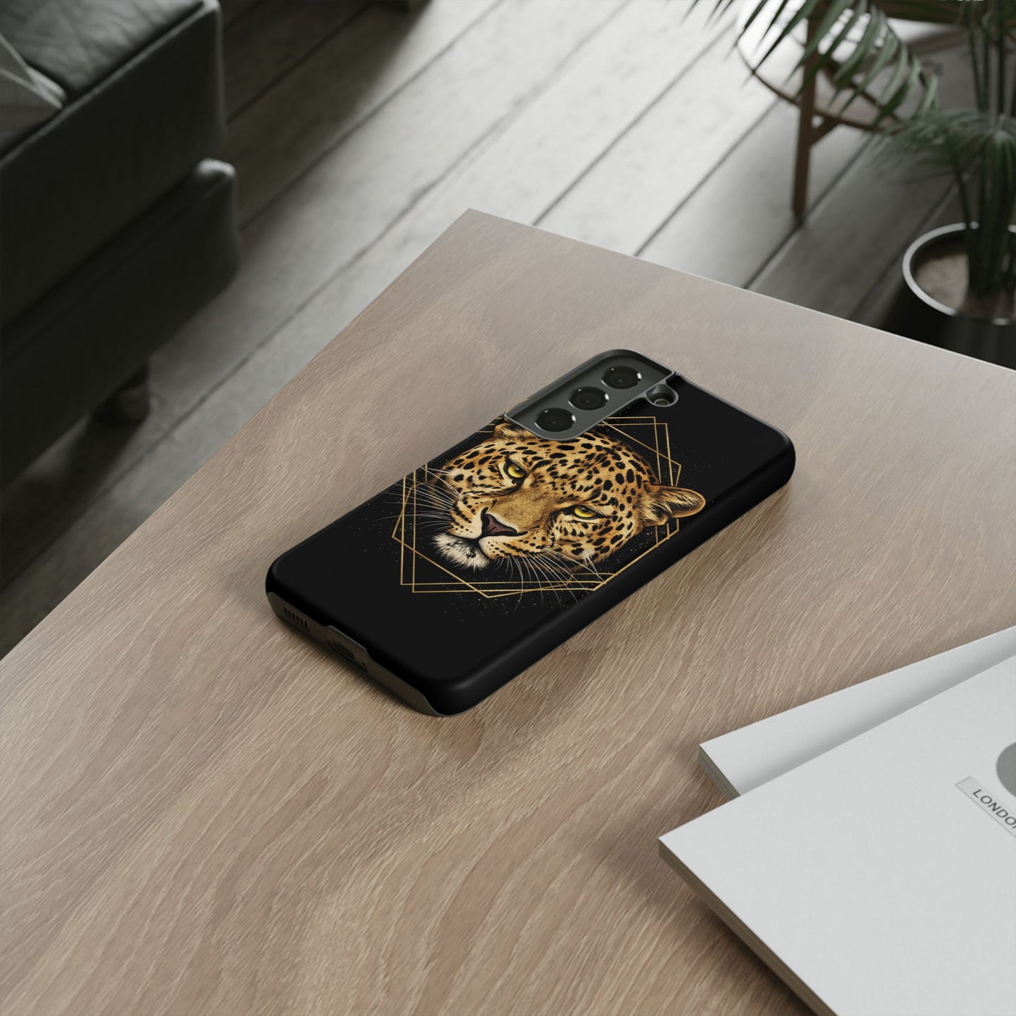 Leopard Head Geometric Phone Case – Black & Gold Luxe Tough Case