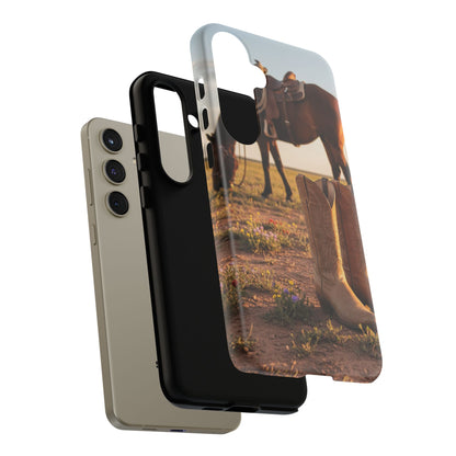 Western Cowboy Boots Phone Case – Rustic Horse Sunset Tough Case (iPhone, Samsung, Pixel)