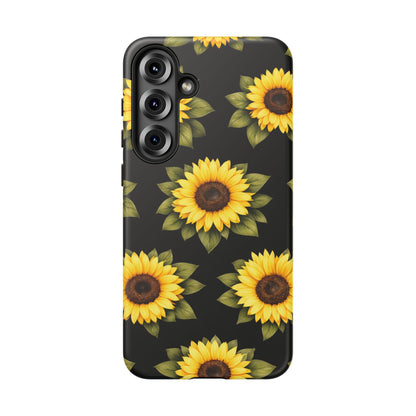 Sunflower Floral Tough Phone Case – Black Background Protective Cover for Iphone, Samsung Galaxy and Pixel
