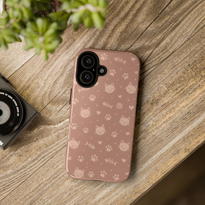 Cute Cat Pattern Phone Case | Paw Prints, Fishbone & Yarn Design Tough Case