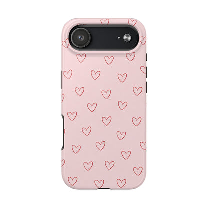 Pink Doodle Hearts Phone Case | Minimal Cute Heart Pattern Tough Case