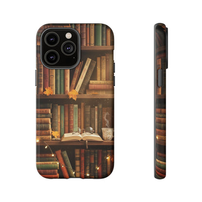 Cozy Vintage Bookshelf Phone Case, Library Aesthetic Book Stack, Autumn Coffee Vibes (iPhone, Samsung, Pixel)