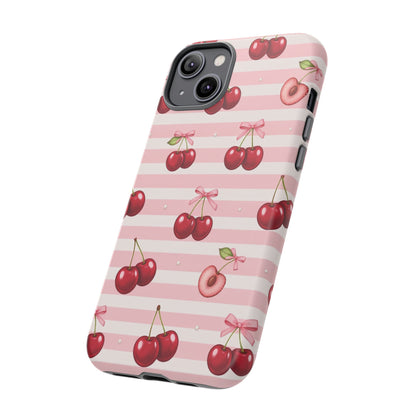 Coquette Cherry Bow Phone Case | Cute Pink Aesthetic Cherry Pattern Tough Case for iPhone & Samsung