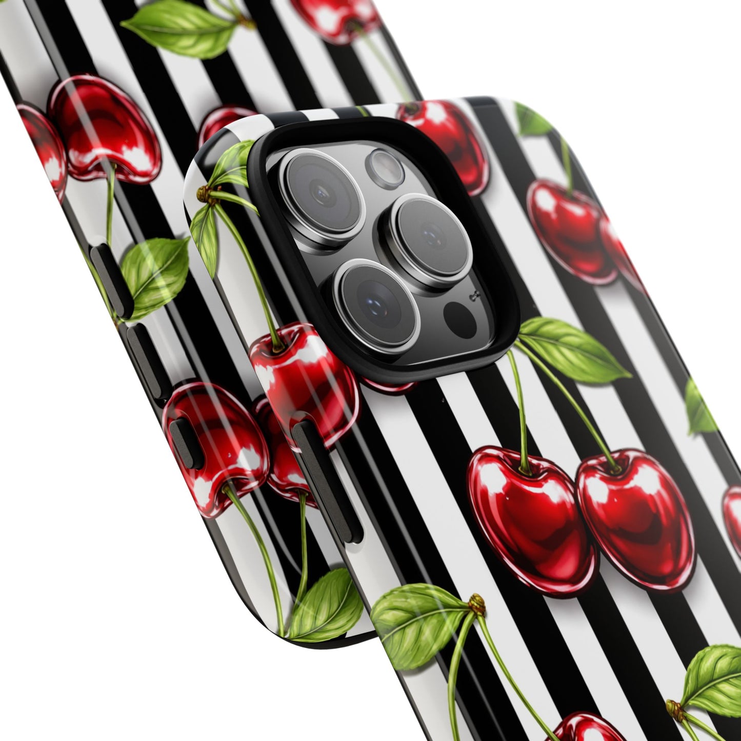 Cherry Pattern Phone Case Black White Stripe Retro Aesthetic Tough Cover