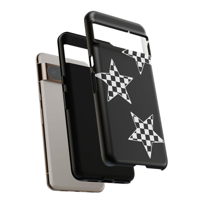 Checkered Star Tough Phone Case – Black Retro Graphic Protective Cover for Iphone, Samsung Galaxy and Pixel