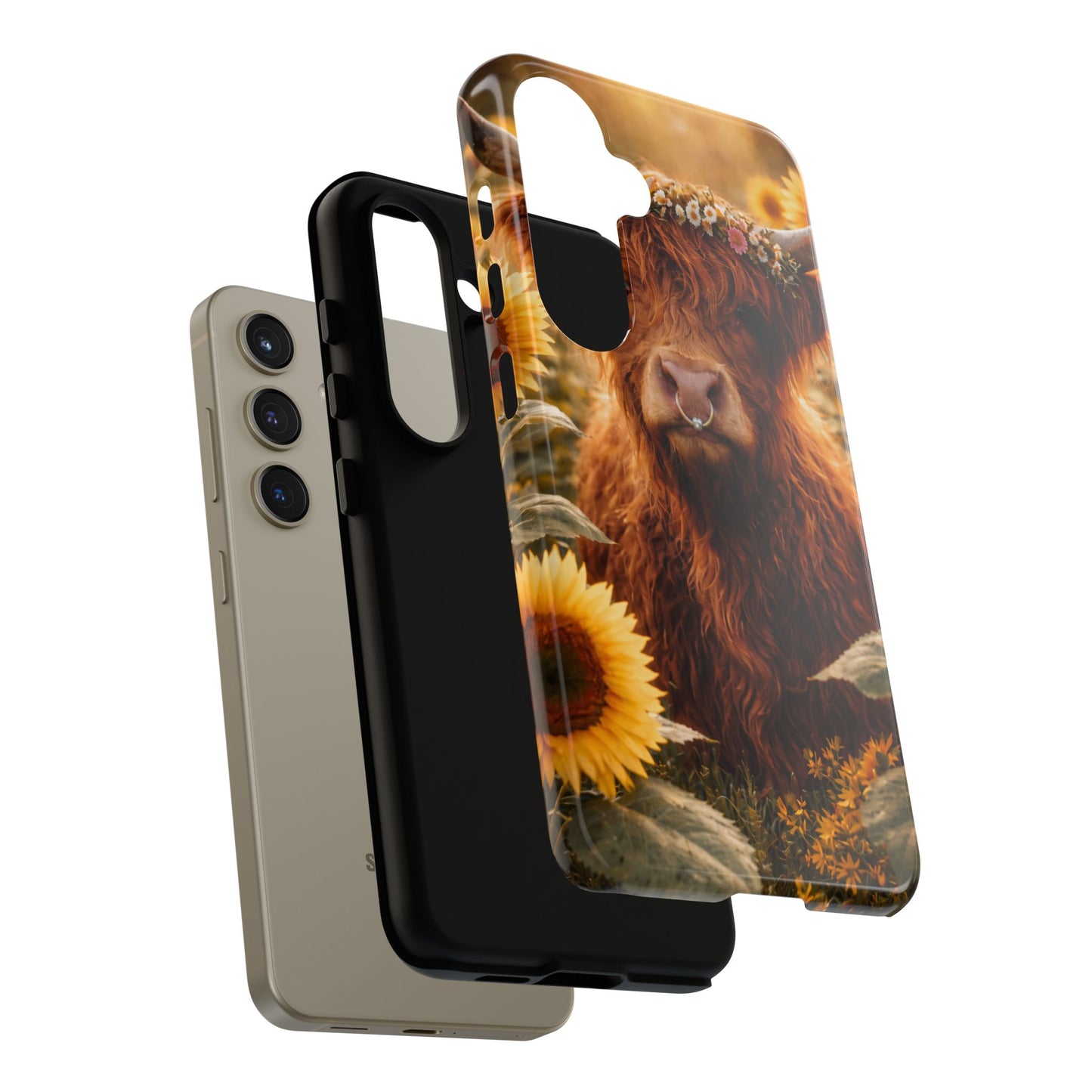Highland Cow Sunflower Phone Case | Floral Farmhouse iPhone, Samsung Galaxy and Pixel Cover