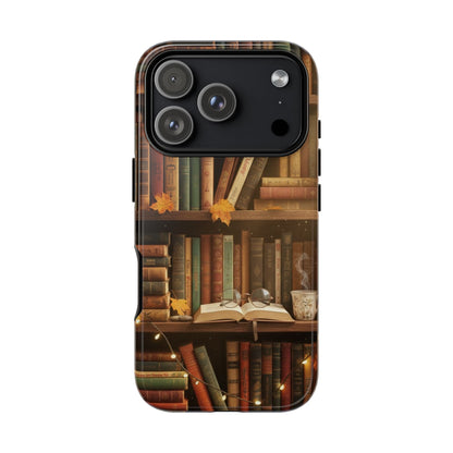 Cozy Vintage Bookshelf Phone Case, Library Aesthetic Book Stack, Autumn Coffee Vibes (iPhone, Samsung, Pixel)