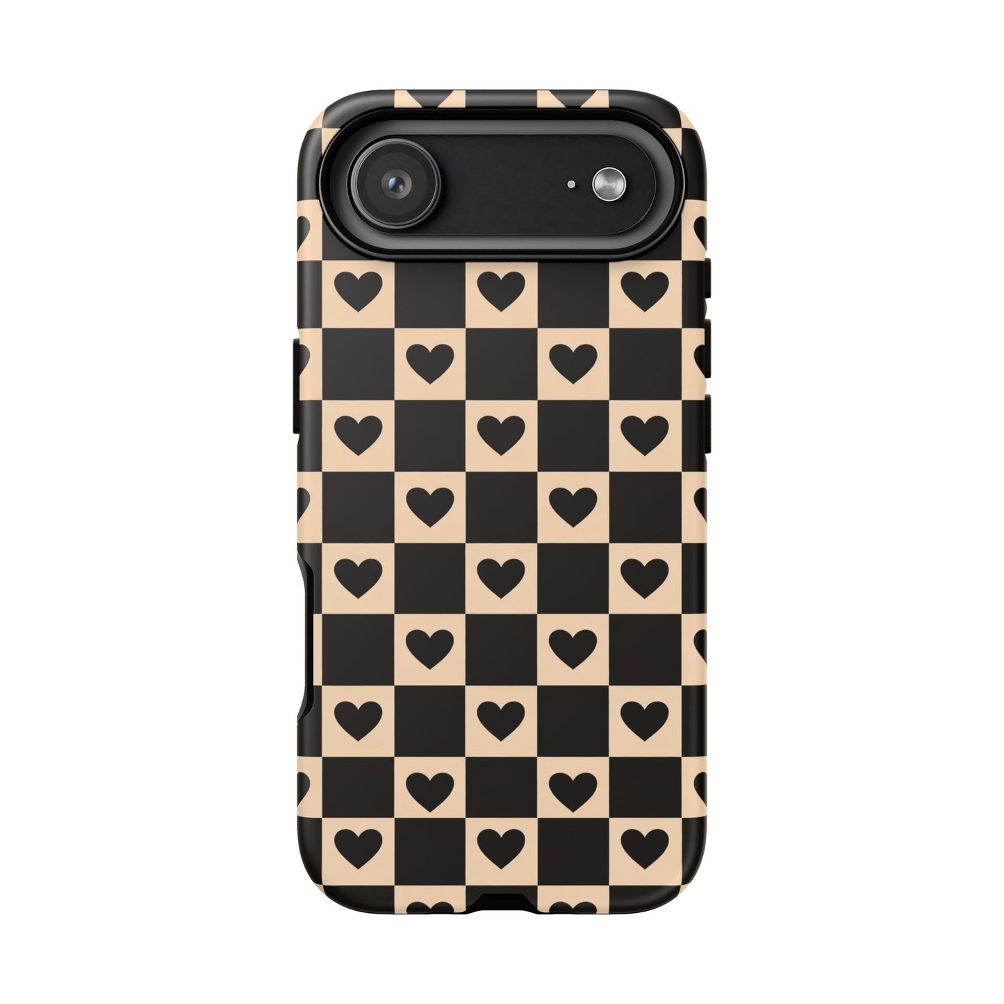 Checkerboard Heart Phone Case – Black & Beige Cute Aesthetic Protective Cover for Iphone, Samsung Galaxy and Pixel
