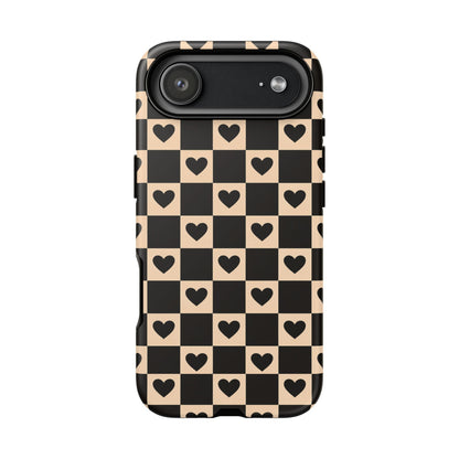 Checkerboard Heart Phone Case – Black & Beige Cute Aesthetic Protective Cover for Iphone, Samsung Galaxy and Pixel