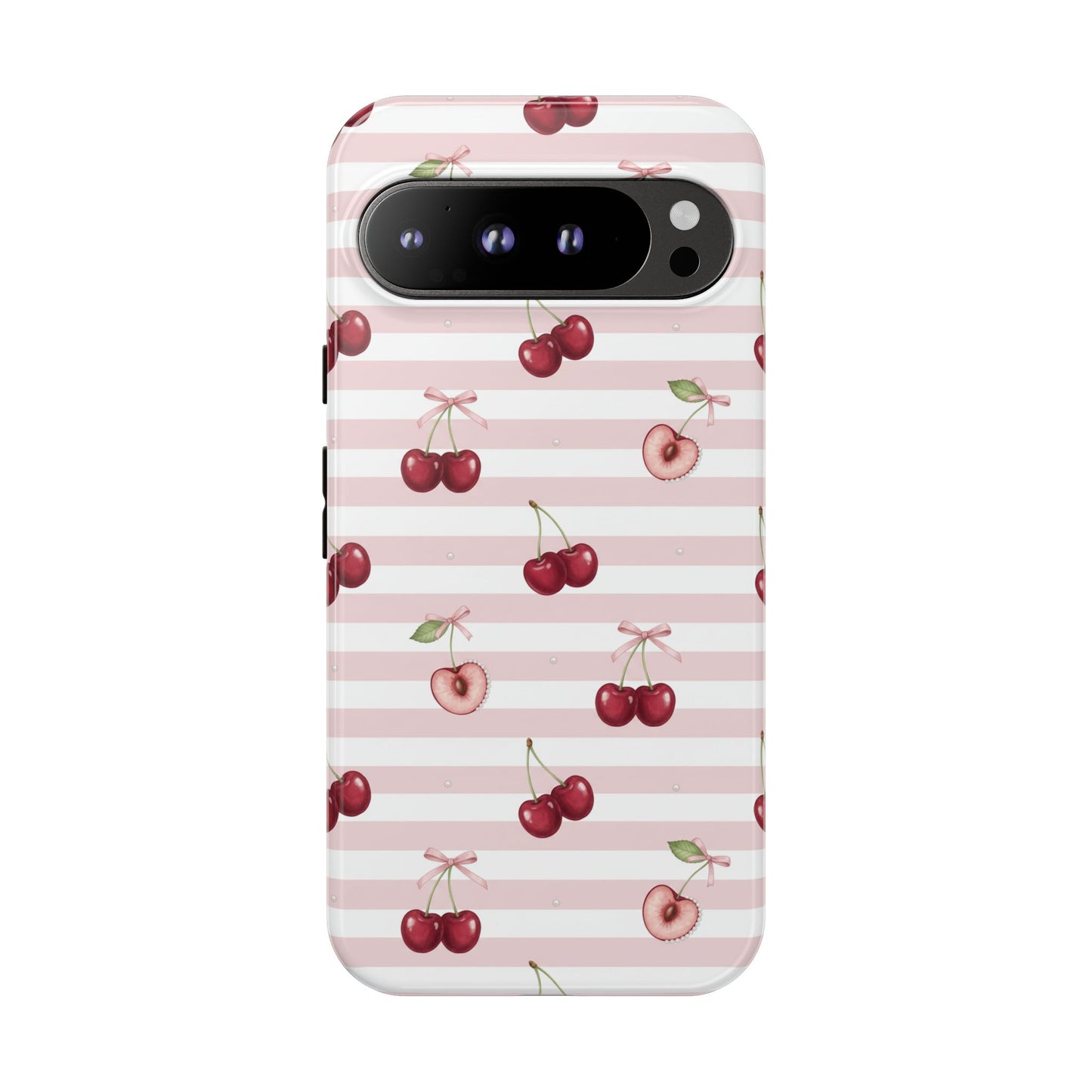 Pink Cherry Stripe Phone Case | Cute Coquette Aesthetic Protective Tough Case