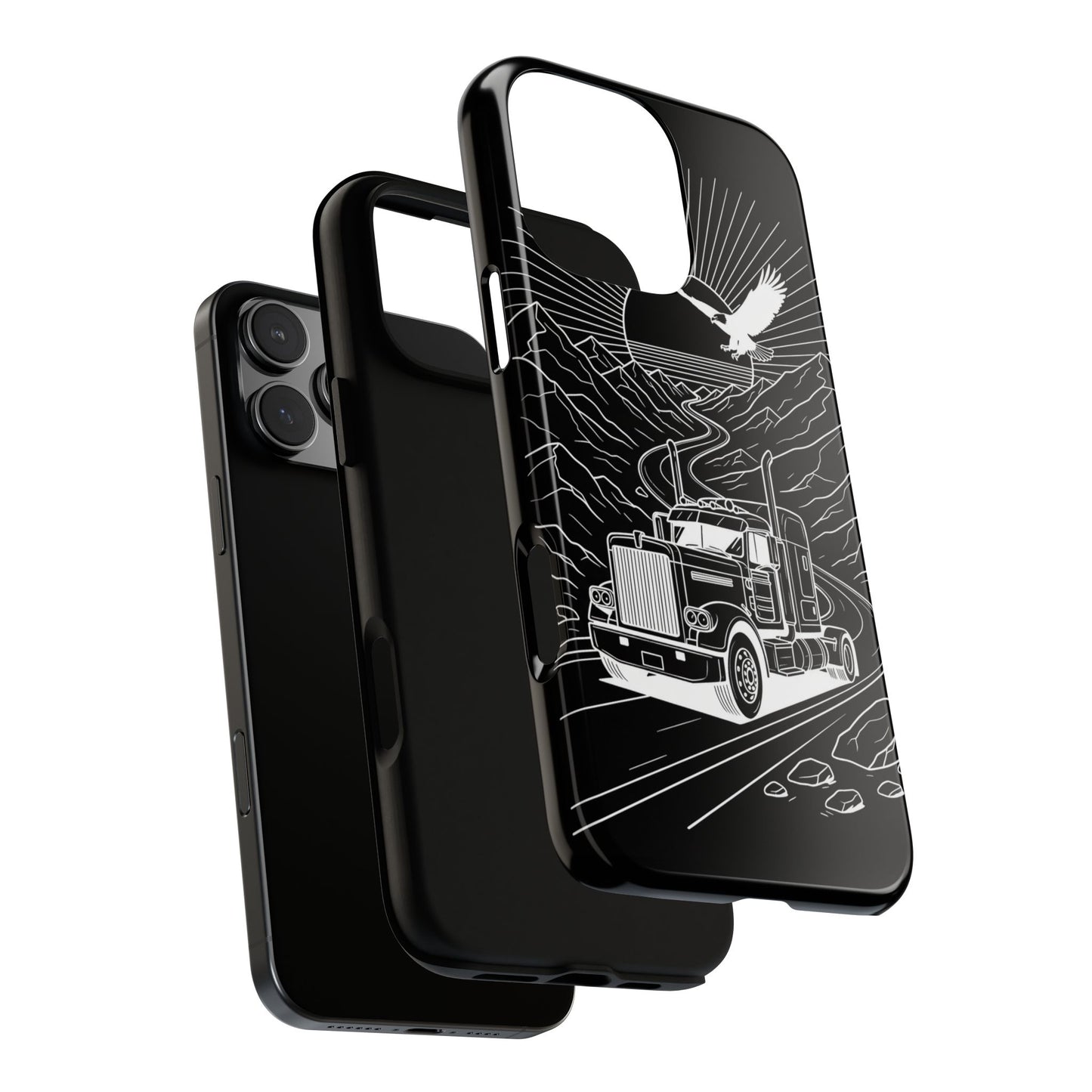 Trucker Highway Phone Case | Eagle & Mountain Line Art | Black Western Tough Case